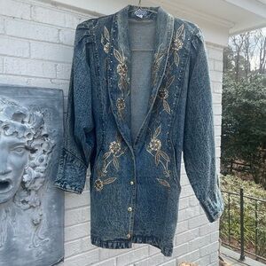 Vintage Acid Wash Embroidered over sized Denim Jacket with Floral Design M